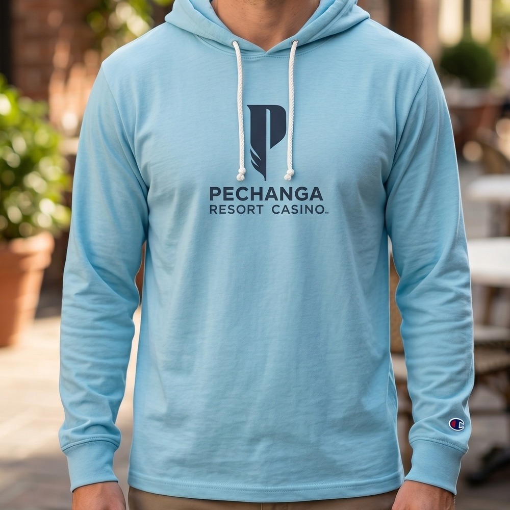 Champion Pechanga Resort‎ Casino Hooded Long Sleeve T-Shirt Light Blue Mens L